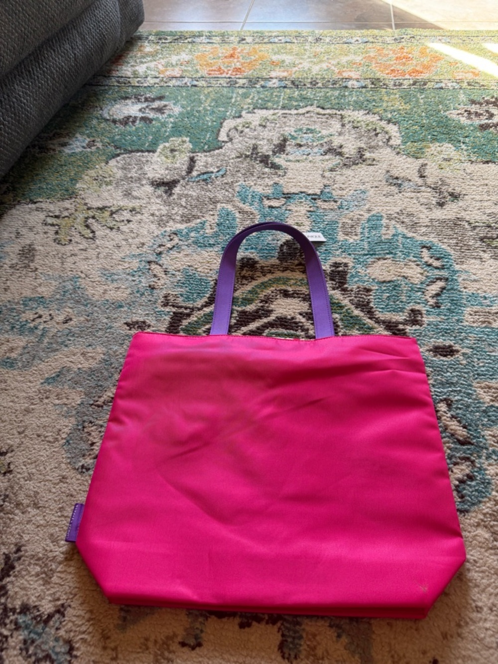 Clinique Pink Floral Tote Bag Nylon Shopper Purple Handles Travel Beach Bag - Picture 7 of 7